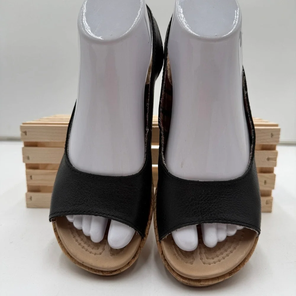Crocs A-leigh Leather Wedge Sandals‎ Plaid Slingback Cork Heel Black Womens 8
